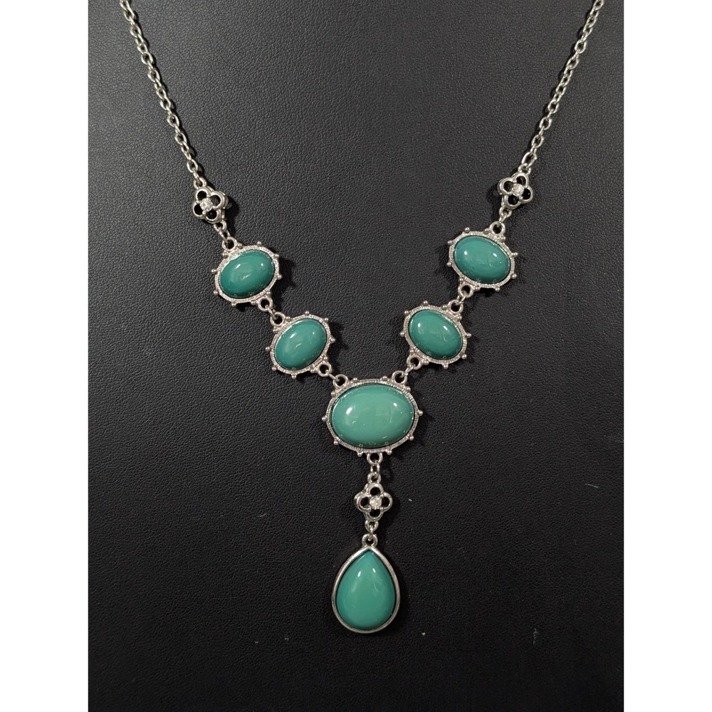 Blue Green Cabochon Bubbly Y-Drop Teardrop‎ Necklace Silver Tone Boho Beachy 23"
